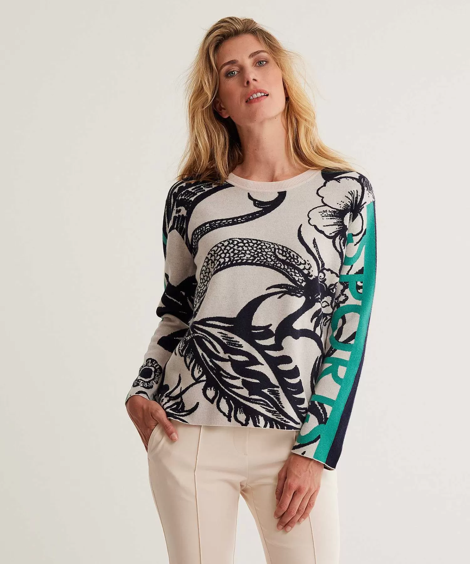 Truien^Marc Cain Sports Jacquard Trui Met Bloemenprint En Bies